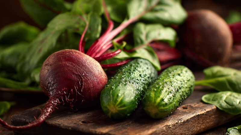 Spanać, cvekla i krastavci na drvenoj dasci na stolu