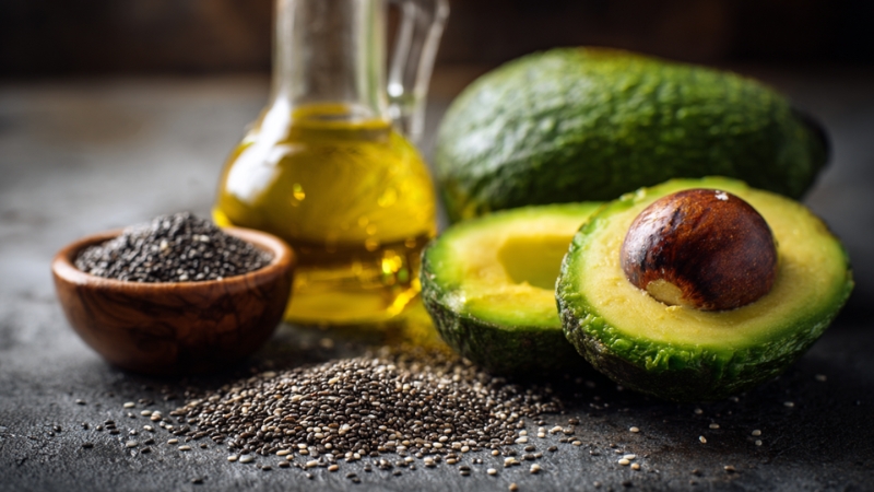 Čia semenke, maslinovo ulje i avokado na stolu