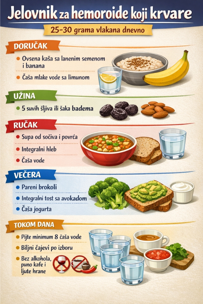 Infografik jelovnika za hemoroide koji krvare sa dnevnim unosom 25 do 30 grama vlakana, uključuje ovsenu kašu sa bananom i lanom za doručak, suve šljive ili bademe za užinu, supu od sočiva sa povrćem i integralni hleb za ručak, brokoli, tost sa avokadom i jogurt za večeru, uz preporuku za unos vode i izbegavanje alkohola i ljute hrane.