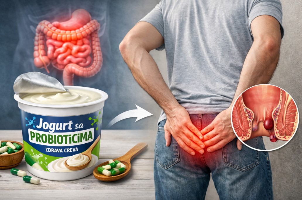 Jogurt sa probioticima pored ilustracije creva i muškarca koji drži bolno područje sa prikazom hemoroida