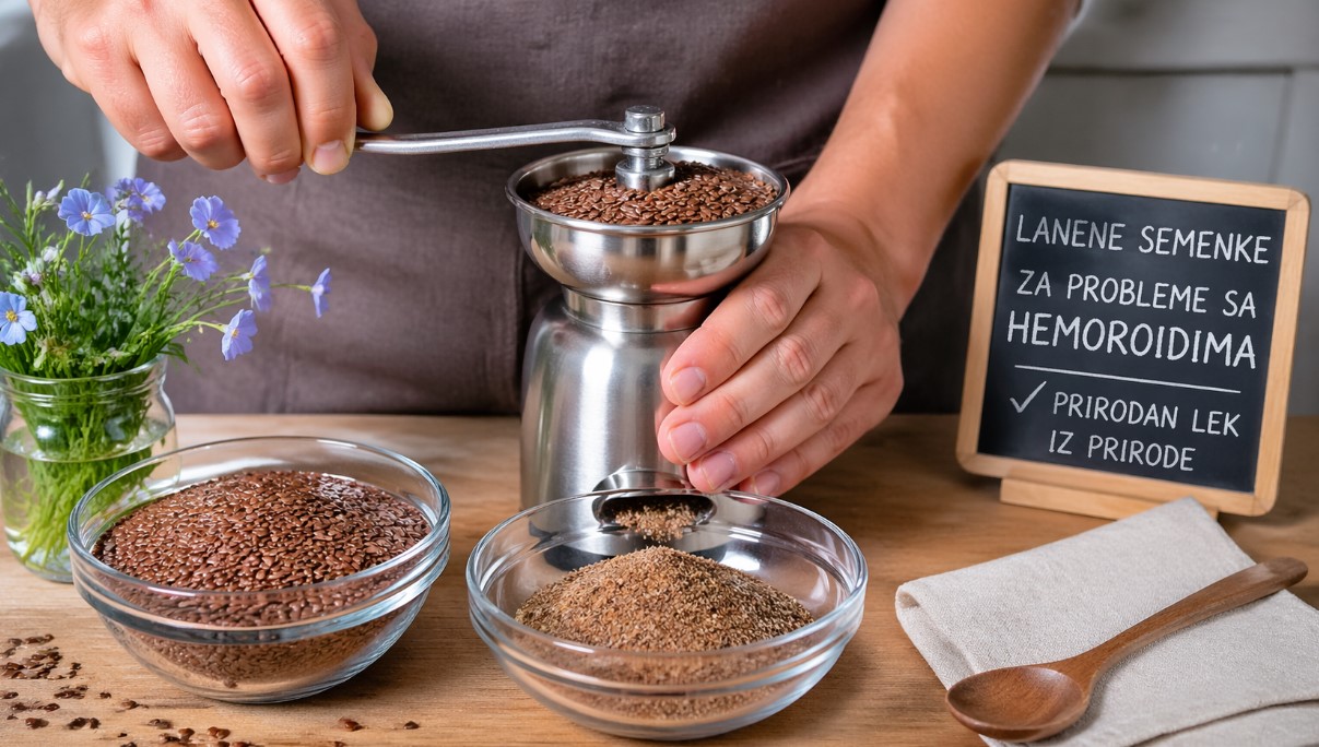 Osoba melje lanene semenke u ručnom mlinu u kuhinji, dok se samlevene semenke skupljaju u staklenoj posudi, uz natpis o prirodnom leku za hemoroide