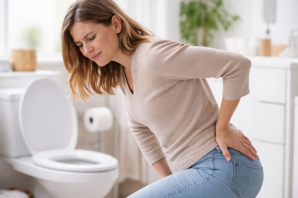 Osoba u kupatilu drži donji deo leđa i zadnjicu zbog nelagodnosti povezane sa hemoroidima, pored toaleta