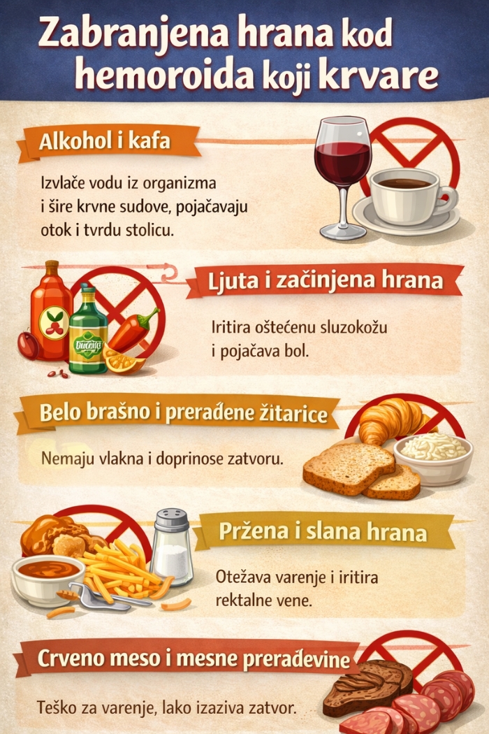 Infografik o zabranjenoj hrani kod hemoroida koji krvare, prikazuje alkohol i kafu, ljutu hranu, belo brašno, prženu i slanu hranu, kao i crveno meso, uz kratka objašnjenja njihovog negativnog uticaja na varenje i simptome