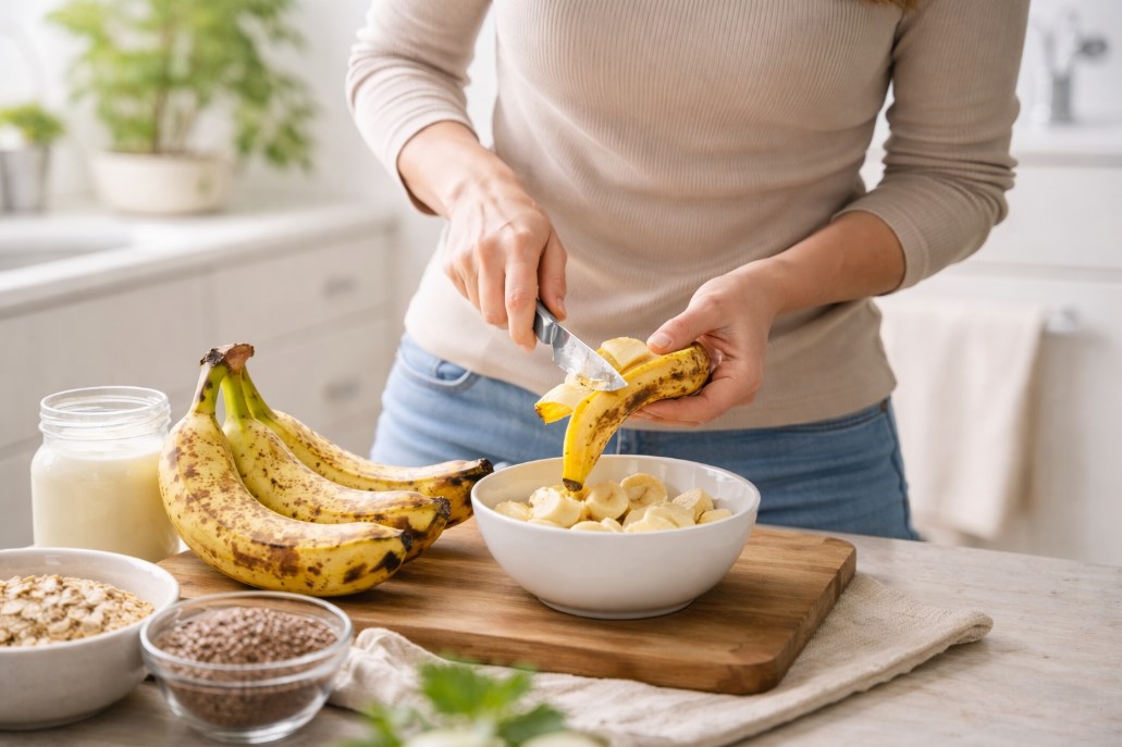 Osoba u kuhinji seče zrelu bananu sa tamnim pegama u činiju sa zdravim sastojcima poput ovsenih pahuljica i lanenih semenki