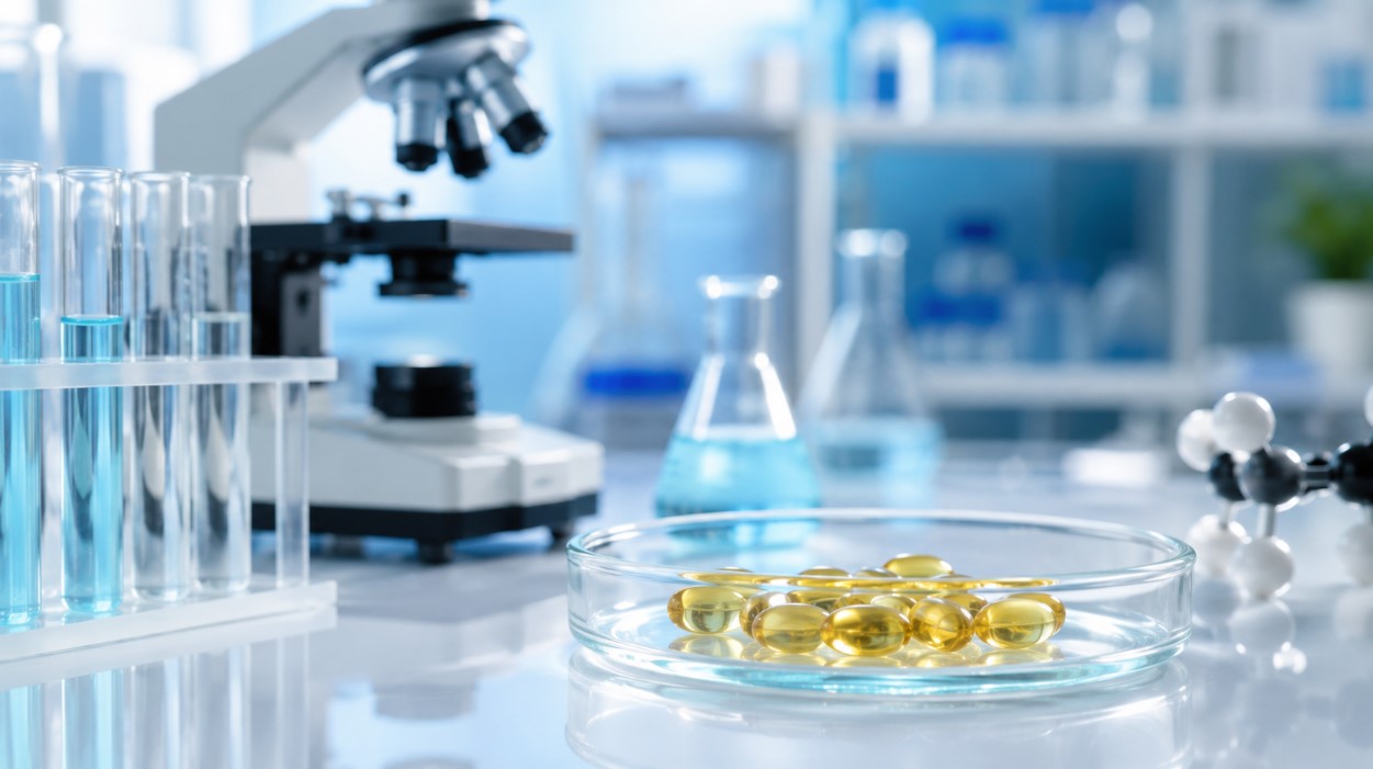 Laboratorijska oprema i kapsule sa alkilglicerolima kao prikaz naučnih istraživanja ovih jedinjenja